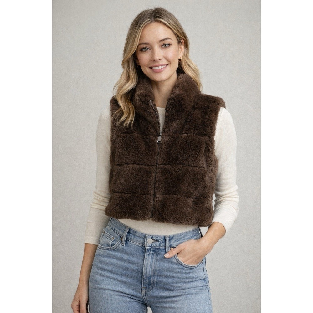 Mark Edwards Studio Brown Faux Fur Vest XS Zip Front Cropped Soft Cozy Chic